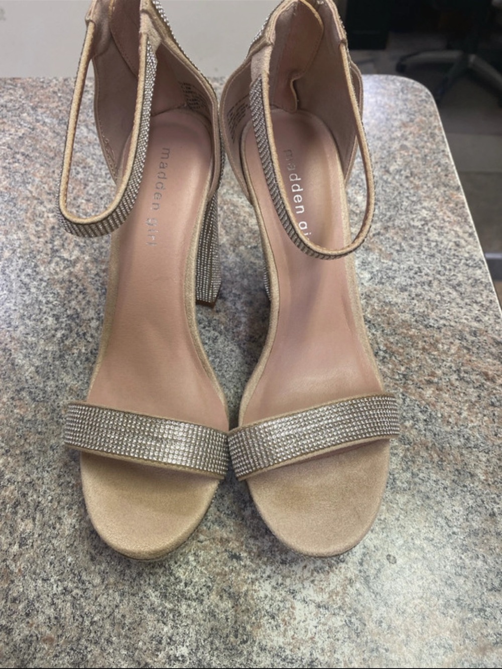 Madden Girl Taupe Rhinestone Ankle-Strap Heels